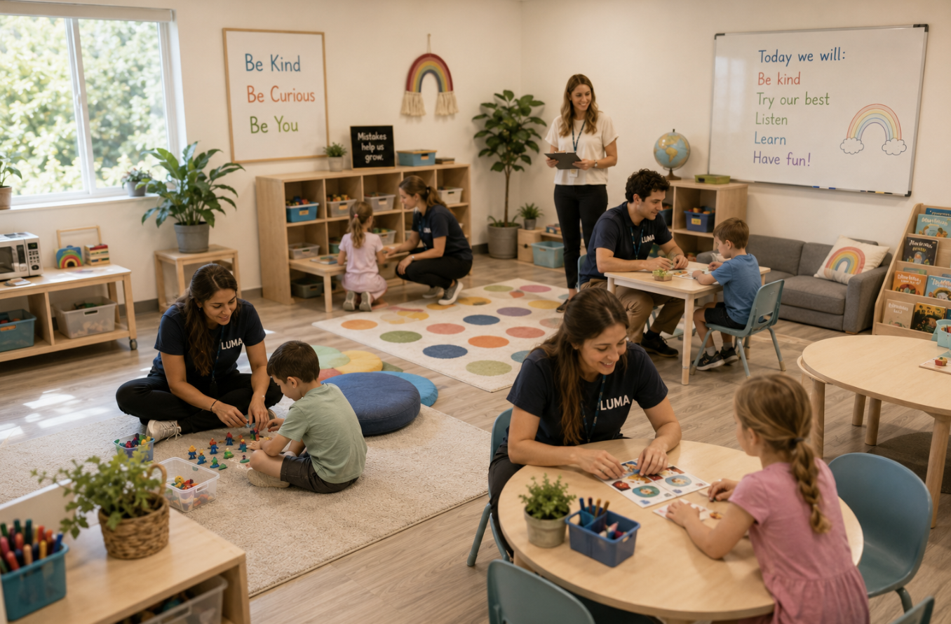 Bright, classroom-style learning space with children engaged with their teacher