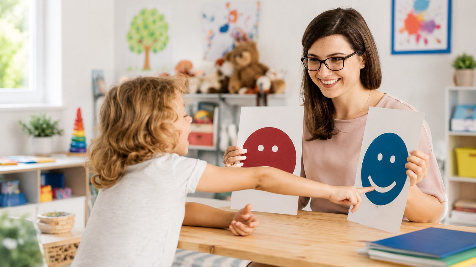 Therapist and child using emotion cards in a bright, classroom-style ABA therapy session